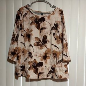 Abstract Floral Cream and Brown Blouse with Long Sleeves NWT